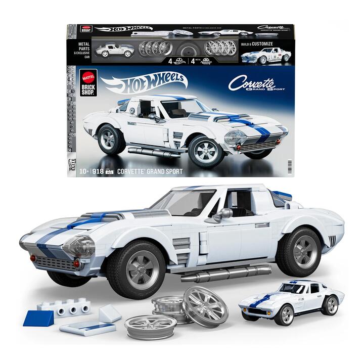 Image of Toy Cars. Product name - Mattel Brick Shop Hot Wheels Corvette Grand Sport Building Set in colour by brand - Mattel Brick Shop
