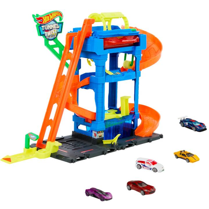 Image of Toy Cars. Product name - Bundle: Hot Wheels Tunnel Twist Car Wash & 5-Car Pack in colour by brand - Hot Wheels