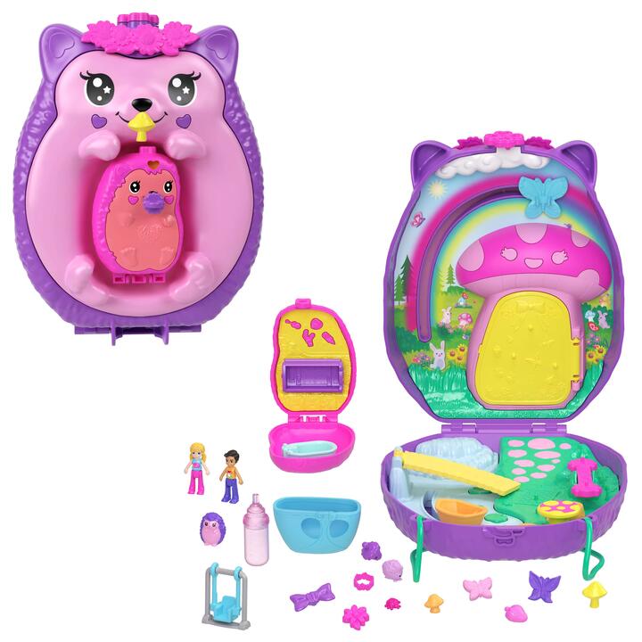 Image of Dolls. Product name - Polly Pocket Hedgehog Mom & Baby Purse Playset in colour by brand - Polly Pocket