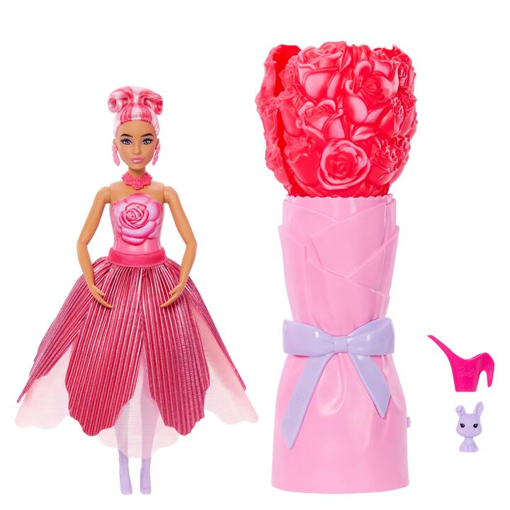 Image of Dolls. Product name - Barbie Petal Pop Scented Fashion Doll with Rose Dress, Reveal Accessories like Bunny & More in colour by brand - Barbie