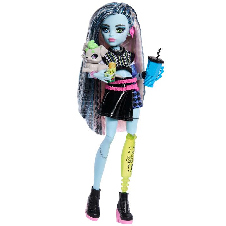Image of Dolls. Product name - Monster High Frankie Stein Fashion Doll in Black Pleather Skirt with Pet Watzie and 7 Accessories in colour by brand - Monster High