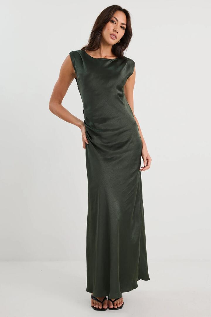 Image of Dresses. Product name - Fruition Forest Satin Bias Sleeveless Maxi Dress in Forest Satin colour by brand - Georgia Zoe