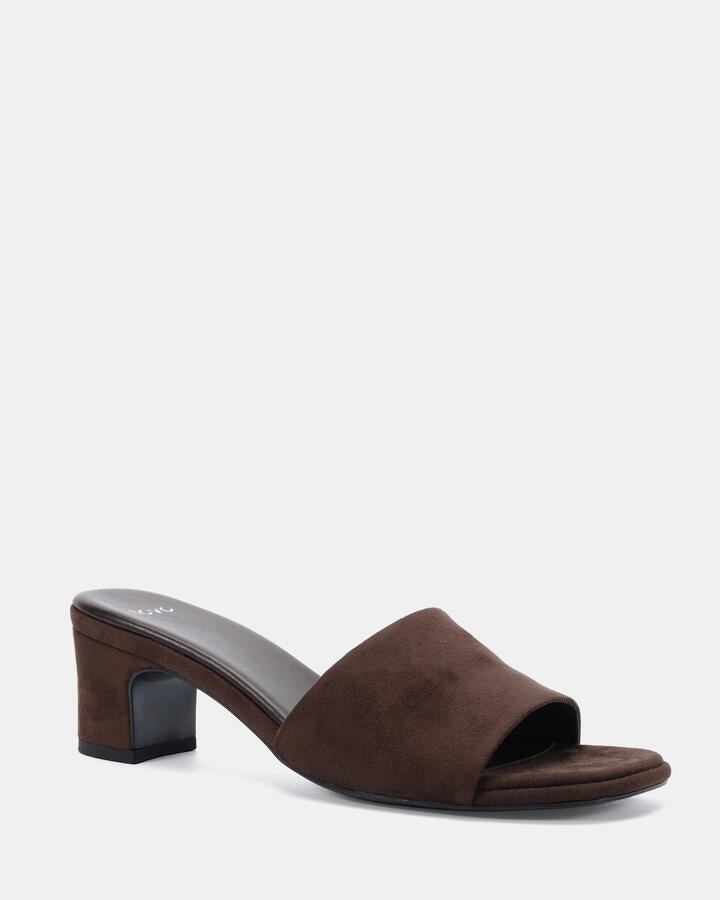 Image of Sandals. Product name - Virtual Espresso Suede Mules in Espresso Suede colour by brand - Novo