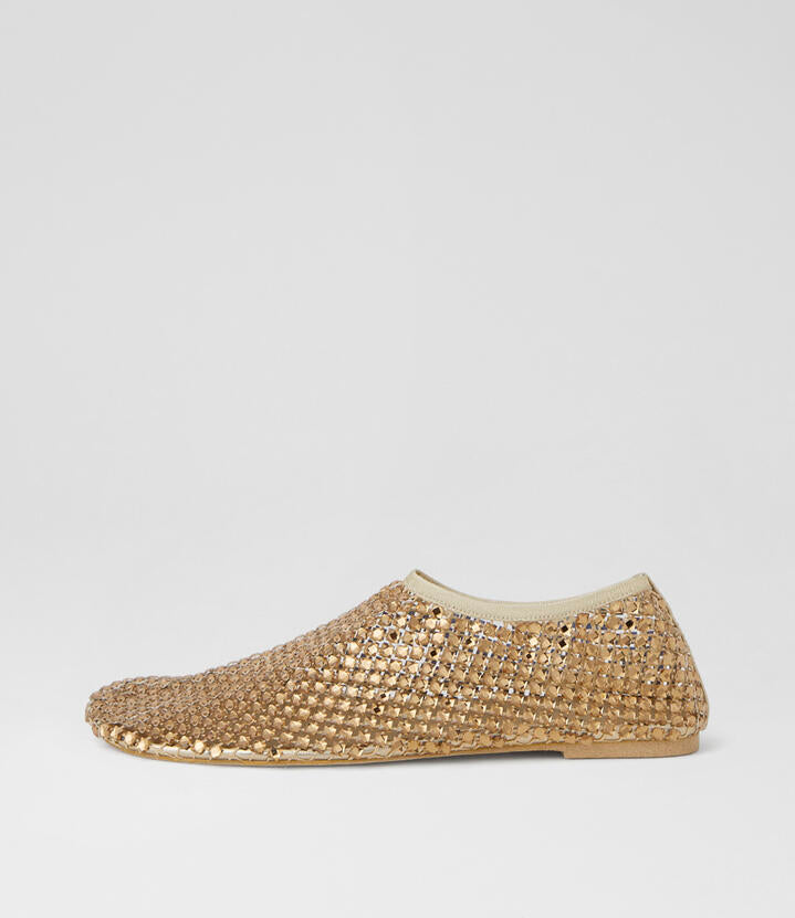 Image of Shoes. Product name - Reffie Gold Gem Mesh Slip Ons in Gold Gem colour by brand - MOLLINI