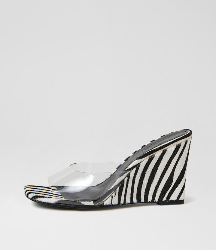 Image of Sandals. Product name - Anarbel Clear Zebra Pony Vinylite Leather Sandals in Clear-Zebra Pony colour by brand - MOLLINI