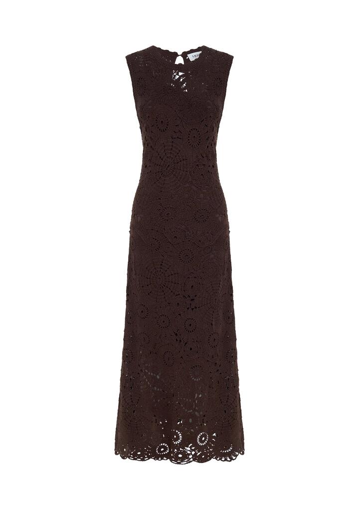Image of Dresses. Productname: Anouk Crochet Maxi Dress | MOS The Label in Dark Chocolate colour by brand - MOS The Label