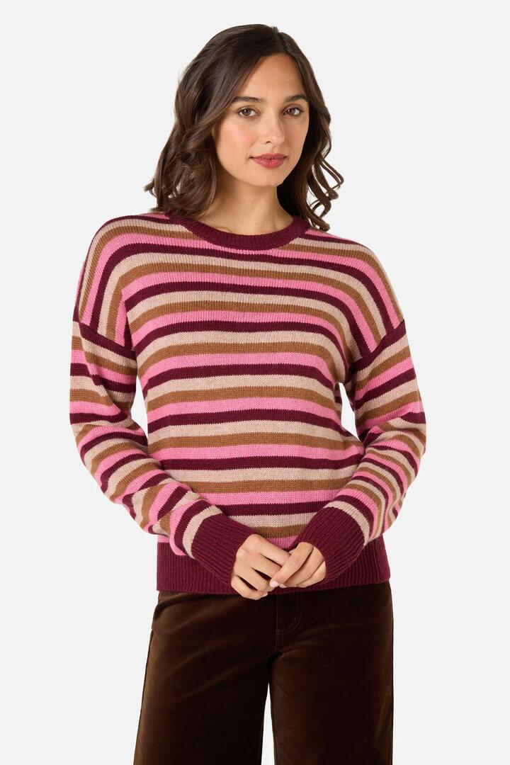 Image of a model wearing Outerwear. Productname: Rory Wool Blend Stripe Jumper in Green Multi colour by brand - Princess Highway