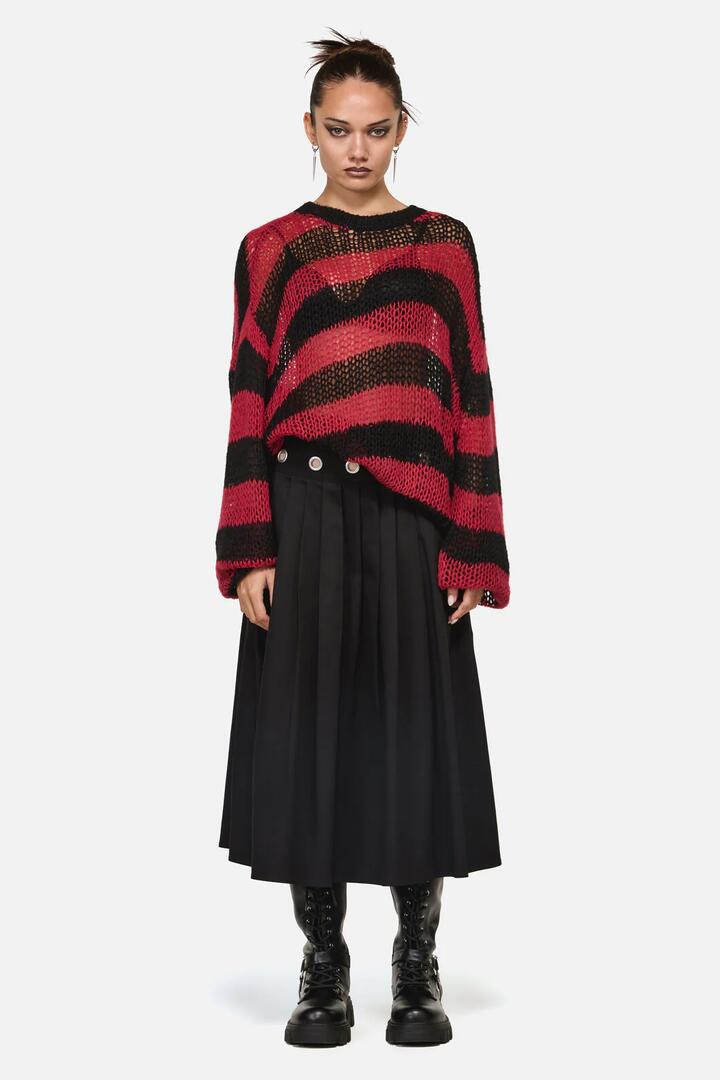 Image of a model wearing Outerwear. Product name - Beasts Knit Jumper in Red/Black colour by brand - Black Friday