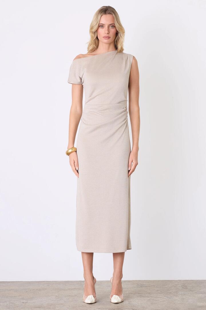Image of Dresses. Product name - Lunar Gold Metallic Off Shoulder Midi Dress in Gold colour by brand - Esmaee