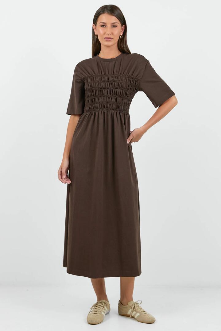 Image of Dresses. Product name - Ripple Chocolate Shirred Bodice Short Sleeve Knit Midi Dress in Chocolate colour by brand - Stories be Told