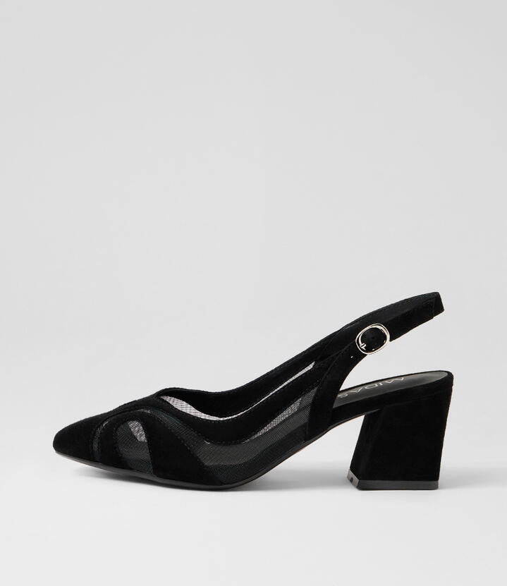 Image of Heels. Product name - Mango Black Suede Mesh Heels in Black colour by brand - MIDAS