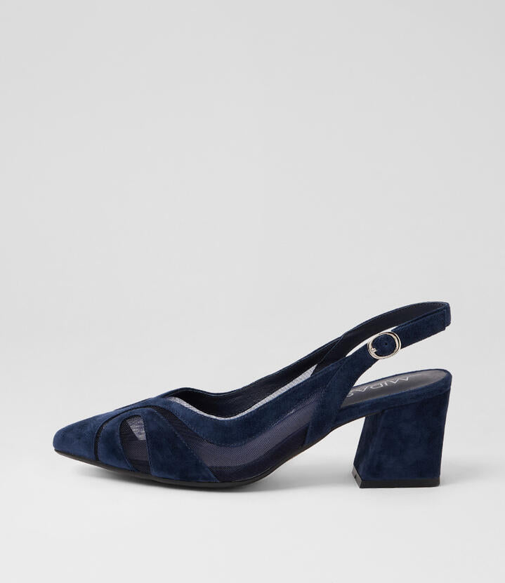 Image of Heels. Product name - Mango Navy Suede Mesh Heels in Navy colour by brand - MIDAS
