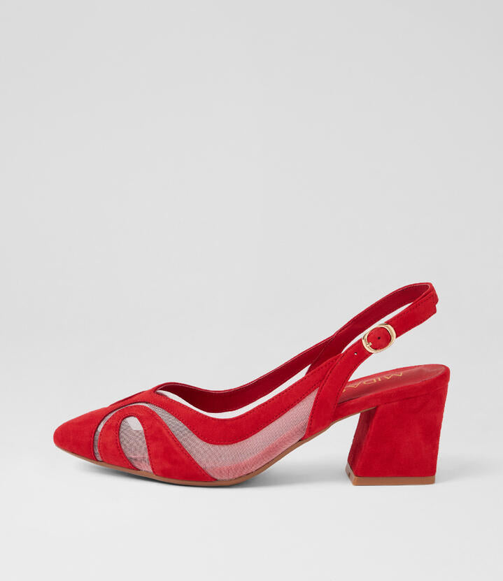 Image of Heels. Product name - Mango Red Suede Mesh Heels in Red colour by brand - MIDAS