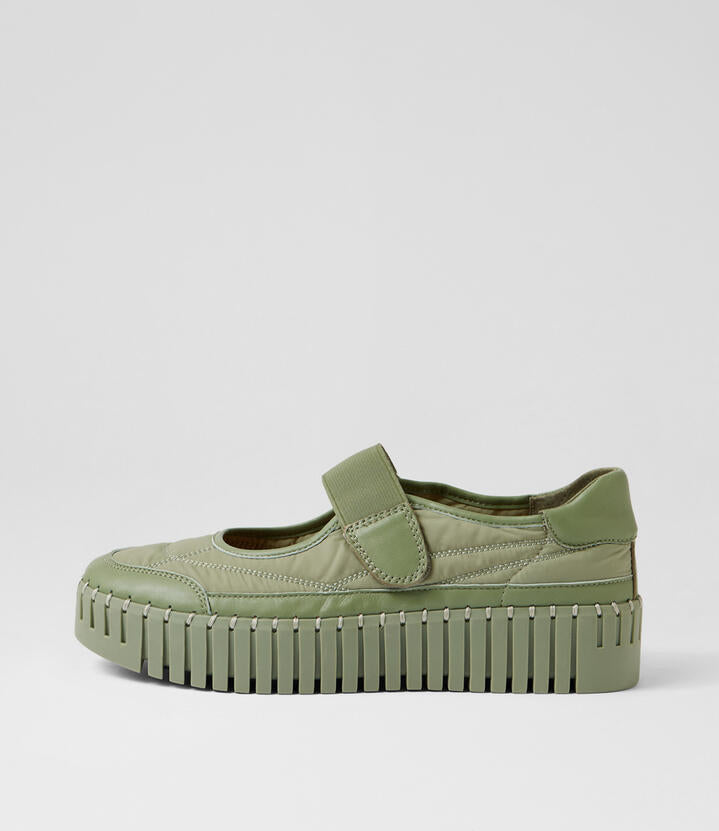 Image of Boots. Product name - Babycakes Sage Leather Fabric Mary Janes in Sage-Sage Sole colour by brand - MIDAS