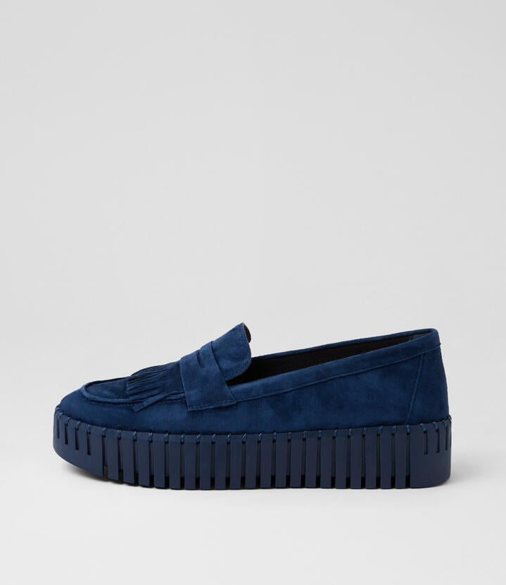 Image of Flats. Product name - Biscuits Navy Suede Loafers in Navy-Navy Sole colour by brand - MIDAS