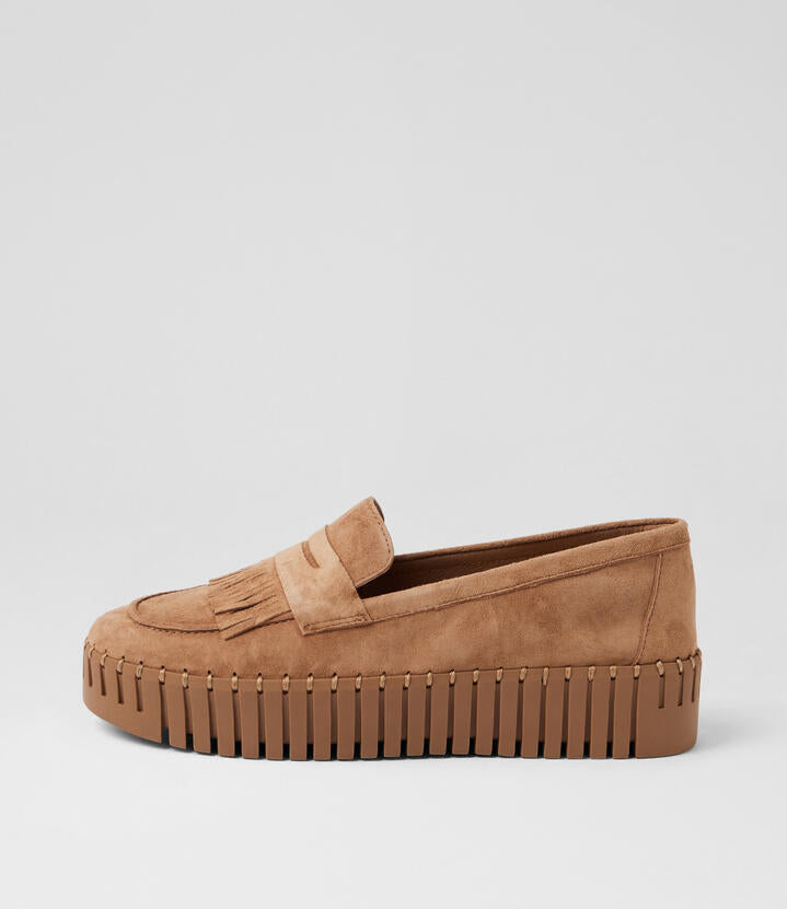 Image of Flats. Product name - Biscuits Light Choc Suede Loafers in Lt Choc-Lt Choc Sole colour by brand - MIDAS
