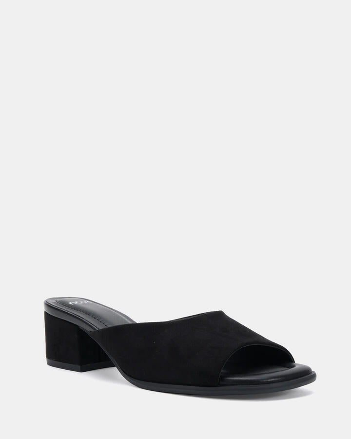 Image of Sandals. Product name - Vallie Black Suede Mules in Black colour by brand - Novo