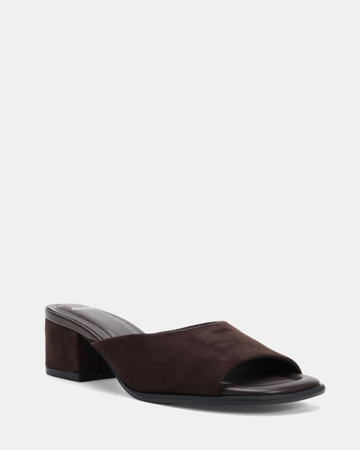 Image of Sandals. Product name - Vallie Espresso Suede Mules in Espresso Suede colour by brand - Novo