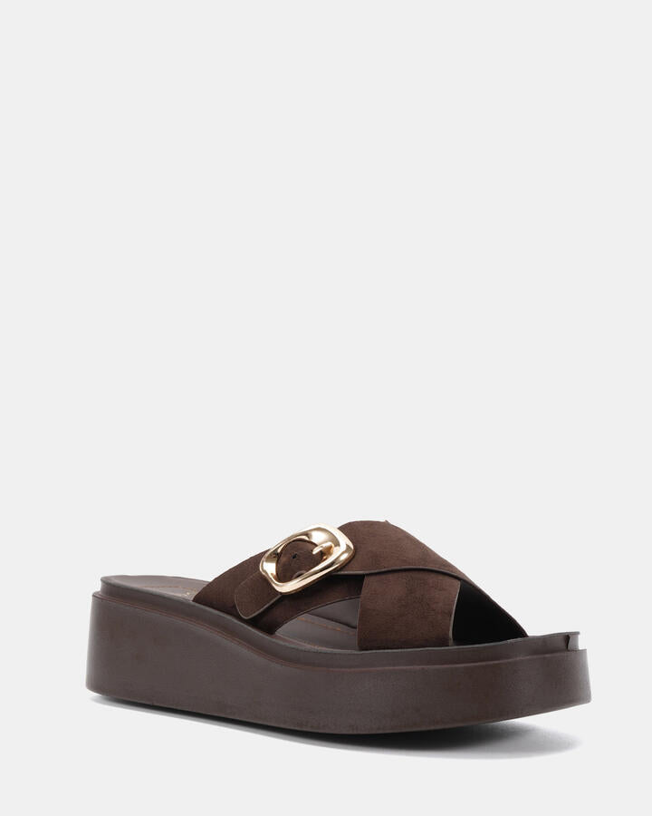 Image of Boots. Product name - Bonanza Espresso Suede Wedge Heels in Espresso Suede colour by brand - Novo