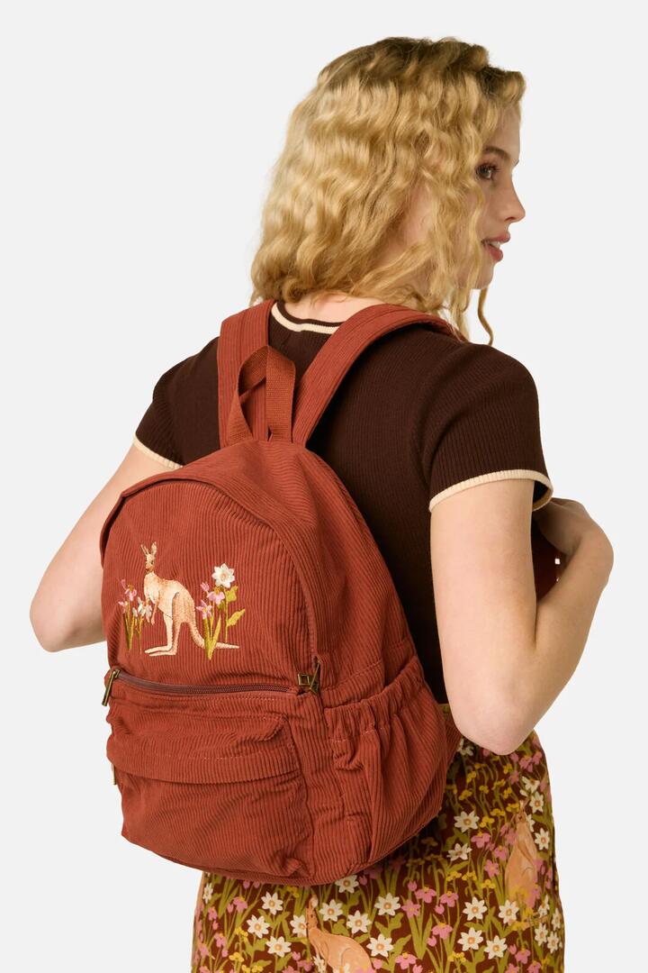 Image of Bags. Productname: Kangaroo Embroidered Cord Backpack in Tan colour by brand - Princess Highway