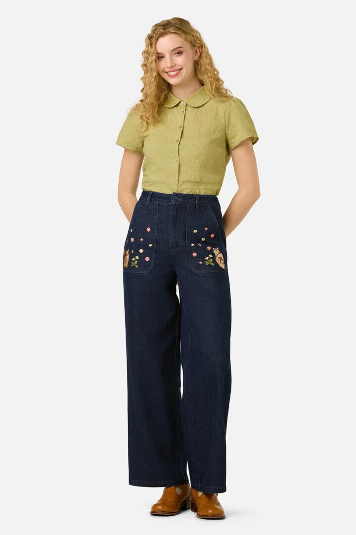 Image of Jeans. Productname: Cats Embroidered Denim Jean in Blue Denim colour by brand - Princess Highway