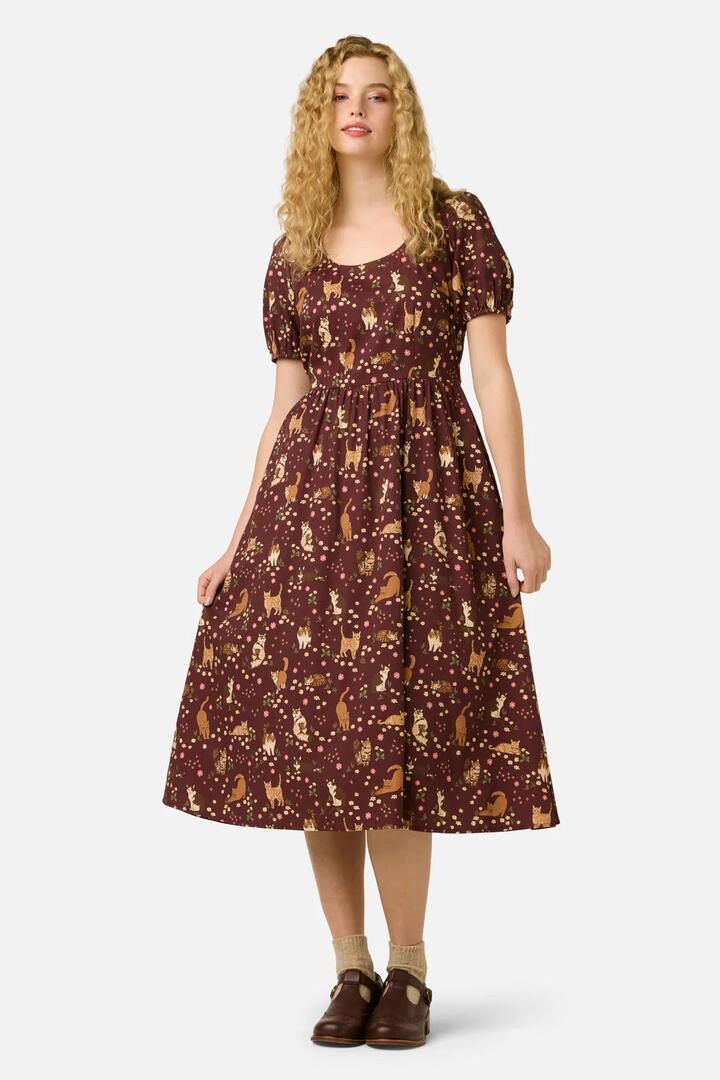 Image of Dresses. Productname: Cute Cats Midi Dress in Plum colour by brand - Princess Highway