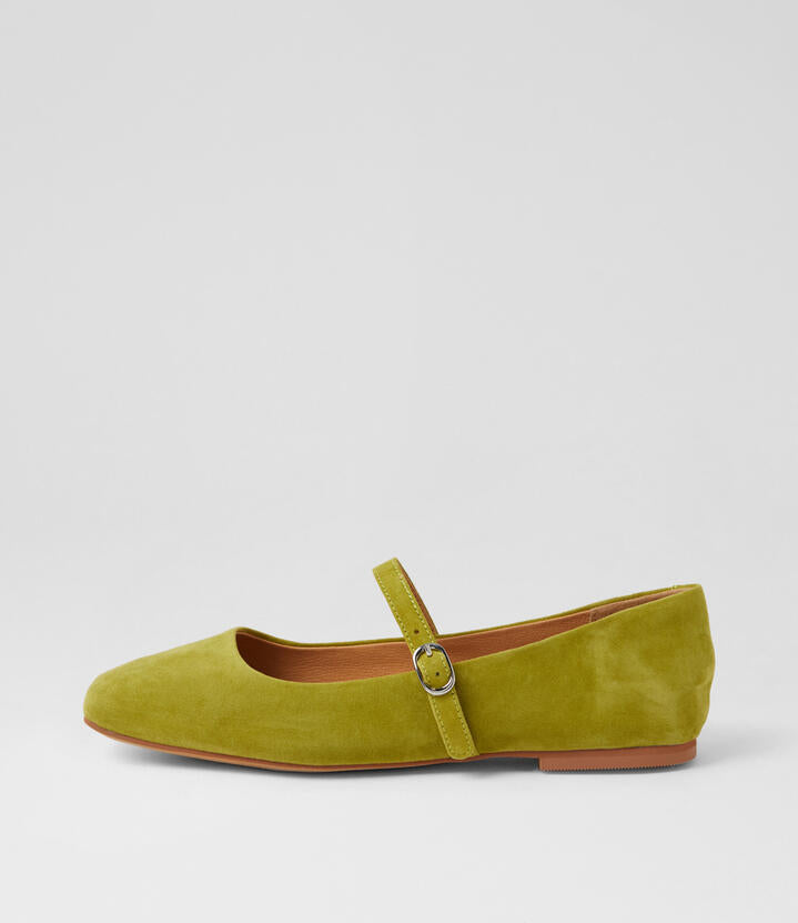 Image of Dresses. Product name - Tokena Matcha Suede Mary Janes in Matcha colour by brand - MOLLINI