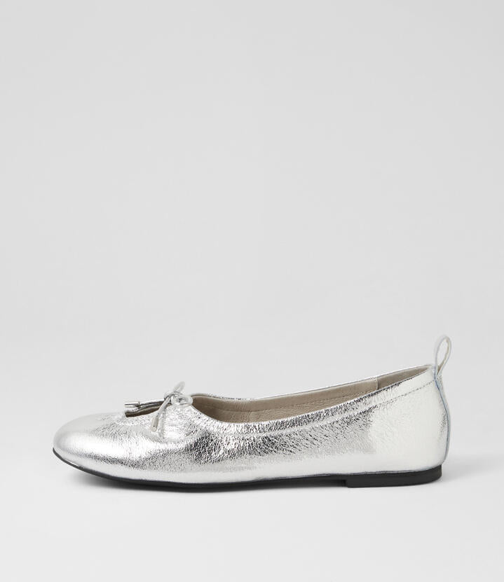 Image of Shoes. Product name - Juuliet Silver Crackle Leather Ballet Flats in Silver Crackle colour by brand - MOLLINI