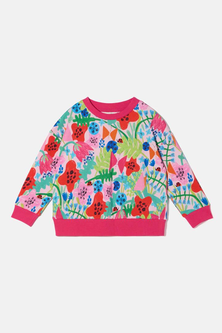 Image of a model wearing Outerwear. Product name - Flower Fields Kids Sweater in Pink colour by brand - Gorman