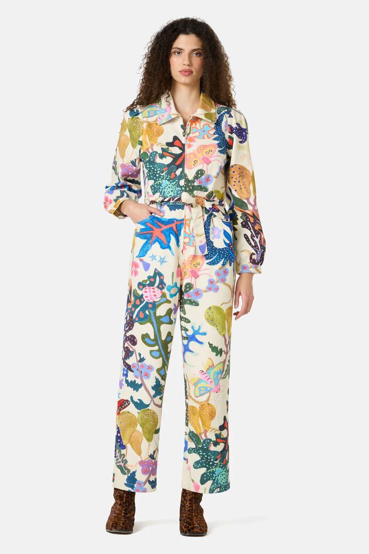 Image of a model wearing Pants. Product name - Beetlemania Boiler Suit in Print colour by brand - Gorman