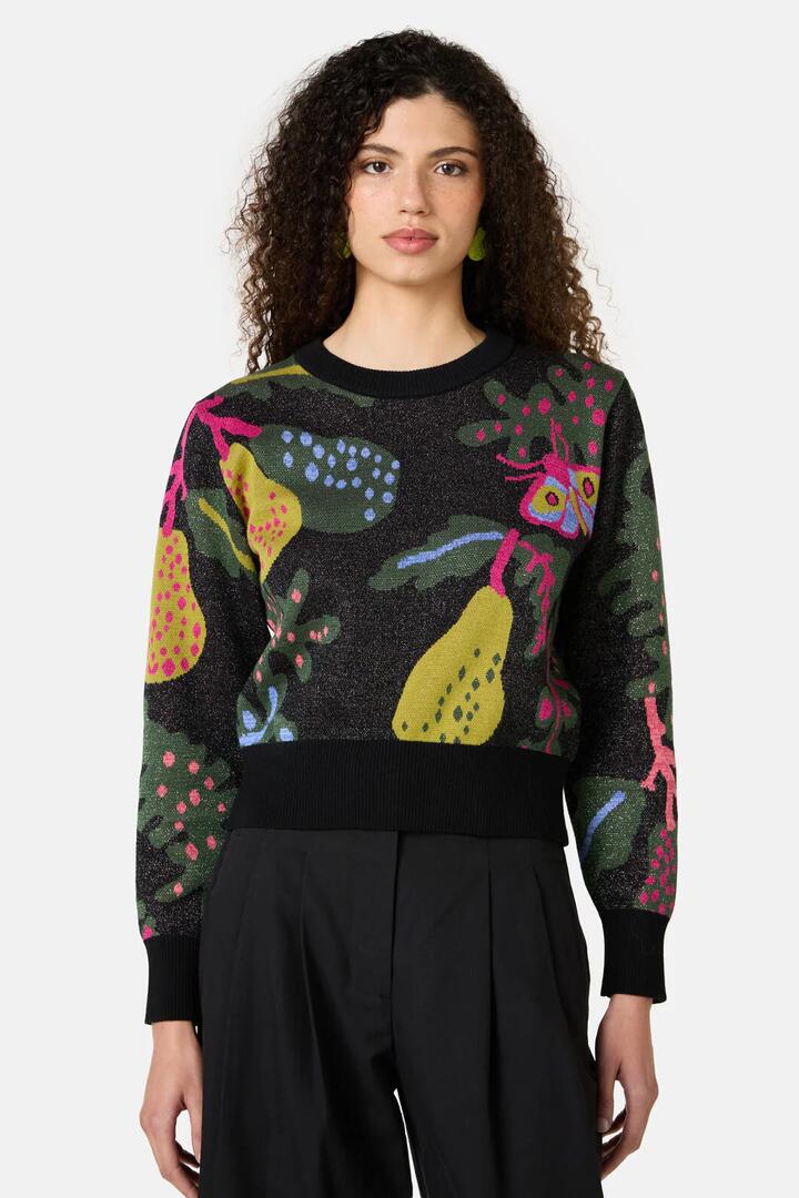 Image of a model wearing Outerwear. Product name - Moth Mania Jumper in Multi colour by brand - Gorman