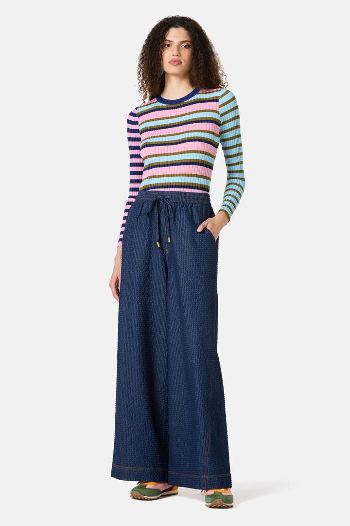 Image of Jeans. Product name - Imogen Seersucker Denim Culotte in Indigo colour by brand - Gorman