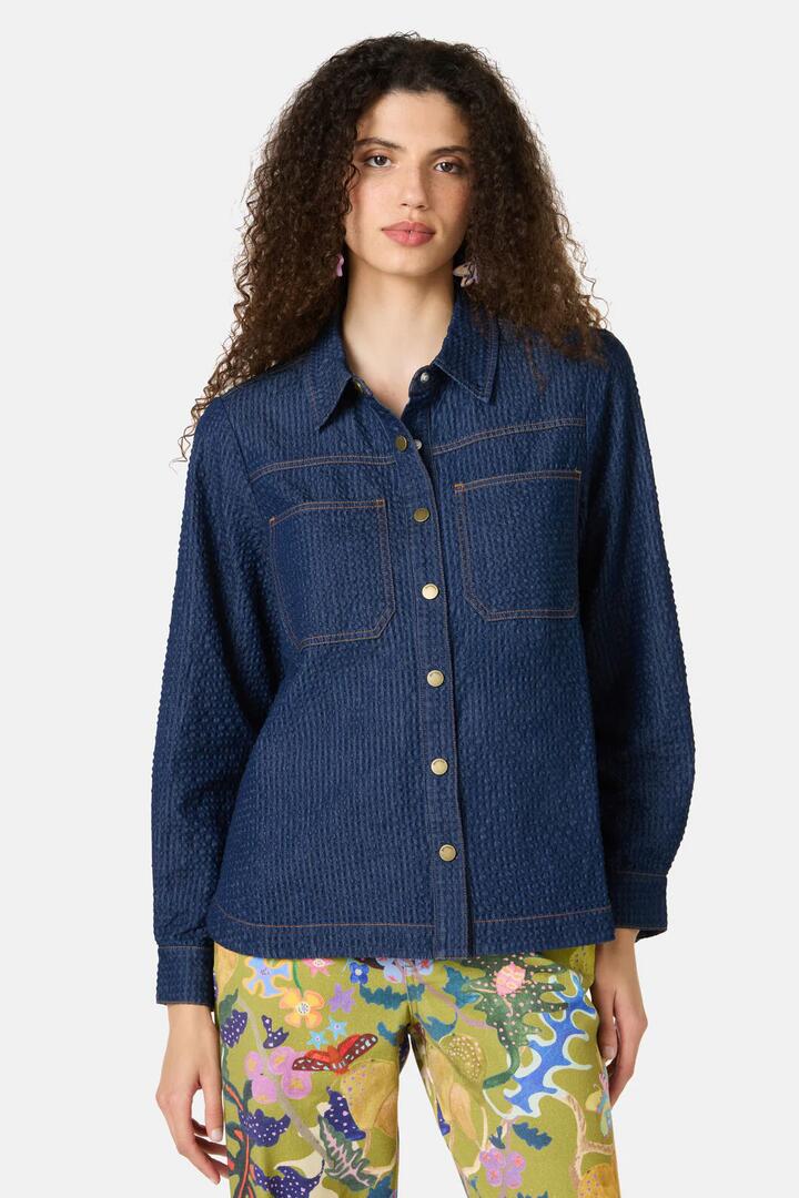 Image of Shirts. Product name - Imogen Seersucker Denim Shirt in Indigo colour by brand - Gorman