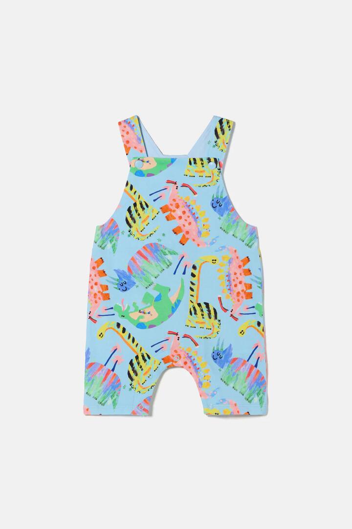 Image of a model wearing Pants. Product name - Dino Land Baby Overalls in Blue colour by brand - Gorman