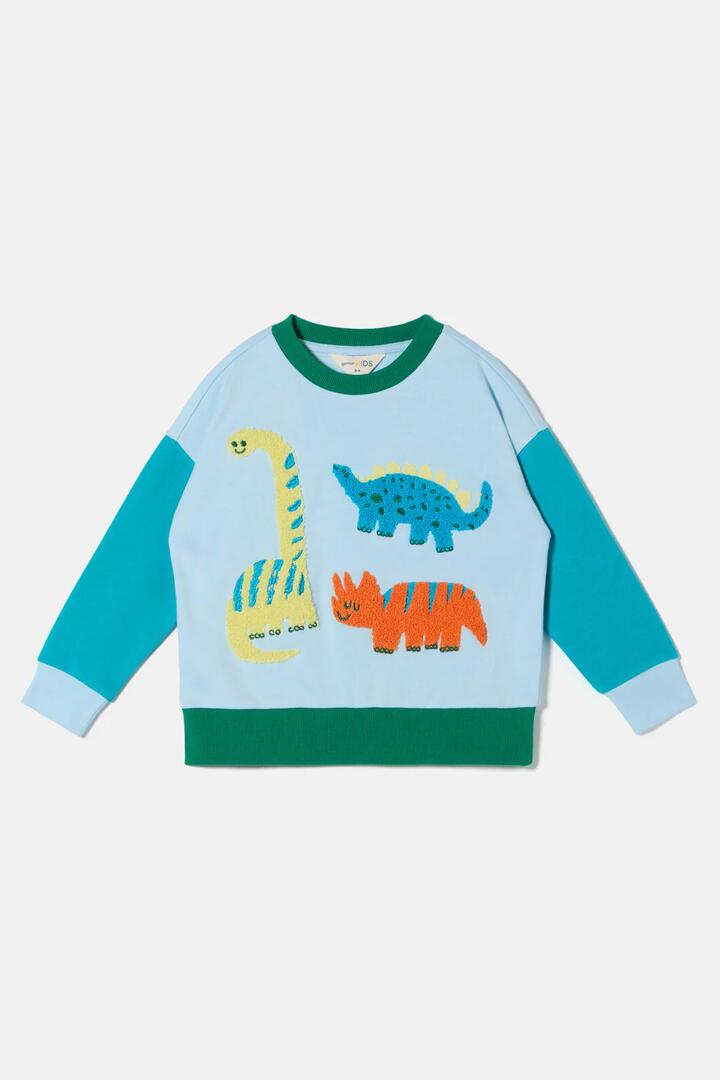 Image of a model wearing Outerwear. Product name - Dinos Kids Sweater in Multi colour by brand - Gorman