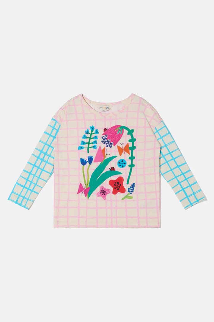Image of T-Shirts. Product name - Check Flowers Kids T-Shirt in Multi colour by brand - Gorman