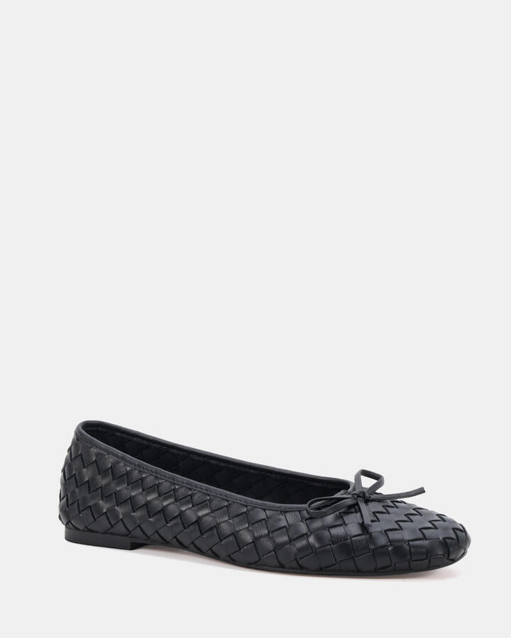 Image of Shoes. Product name - Peeps Black Leather Ballet Flats in Black Leather colour by brand - Novo