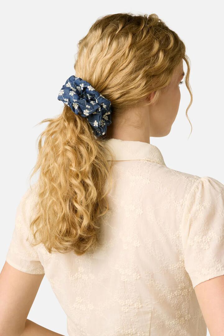 Image of Hair Accessories. Productname: Denim Daisy Scrunchie in Indigo colour by brand - Princess Highway