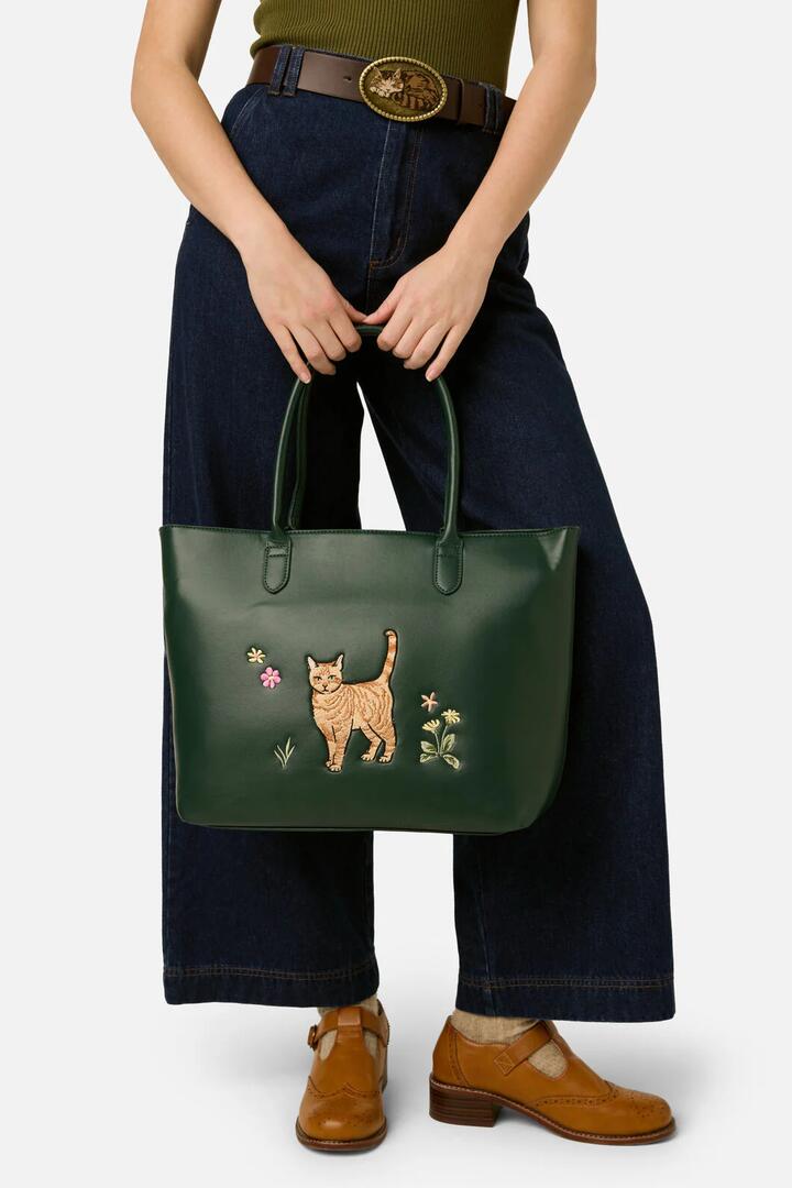 Image of Bags. Productname: Cute Cat Embroidered Tote in Green colour by brand - Princess Highway