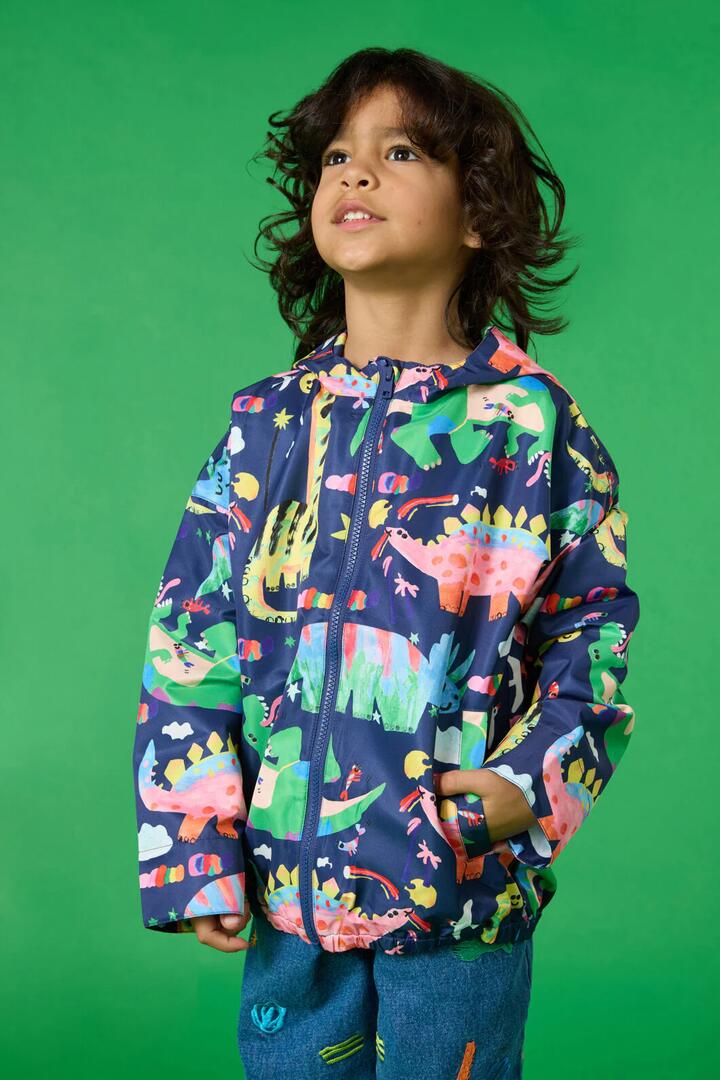 Image of a model wearing Rain Coats. Product name - Boogie Dino Kids Raincoat in Navy colour by brand - Gorman