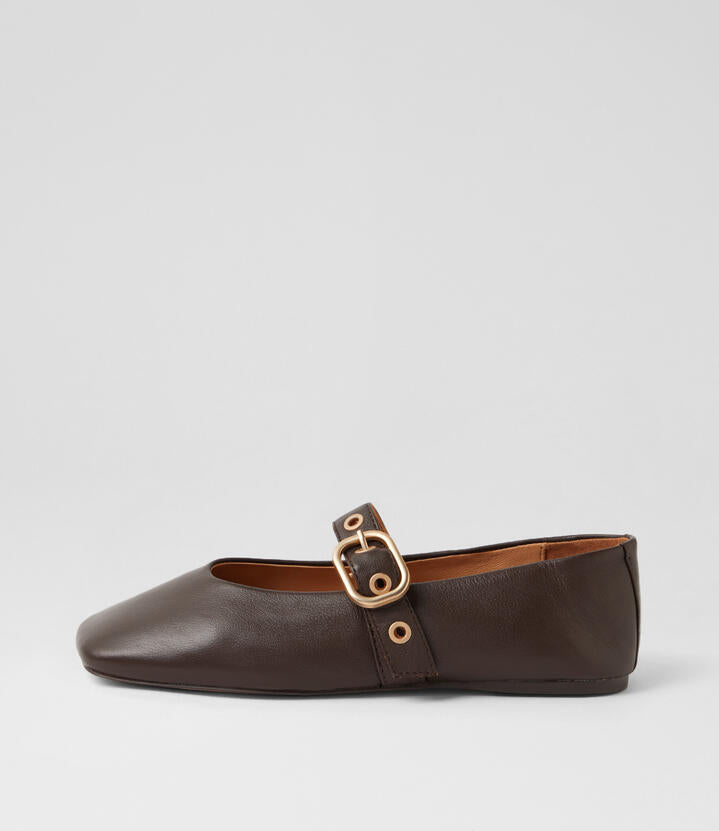 Image of Shoes. Product name - Iriss Dark Choc Leather Ballet Flats in Dark Choc colour by brand - MIDAS