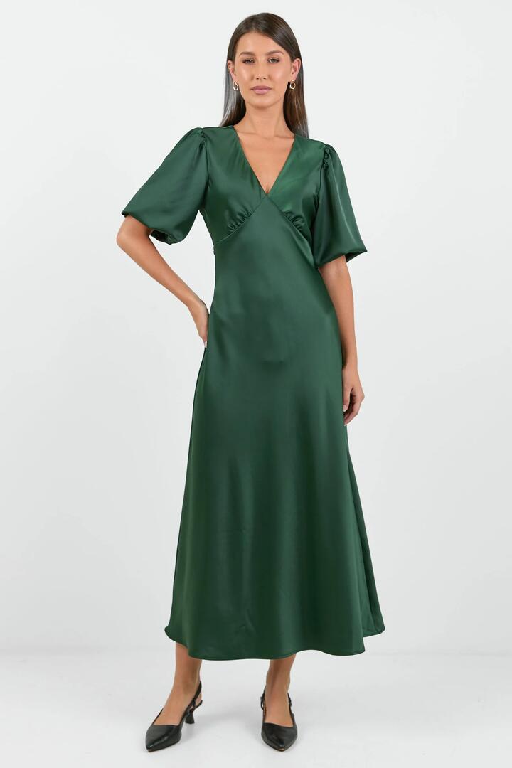 Image of Dresses. Product name - Aura Forest Satin Puff Short Sleeve Bias Midi Dress in Forest colour by brand - Among the Brave
