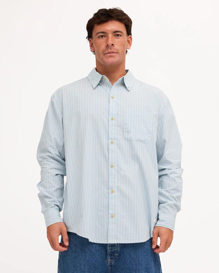 Image of a model wearing Tops. Product name - Element Mens Button Down Long Sleeve Shirt Classic Stripes Blue in Classic Stripes Blue colour by brand - Element