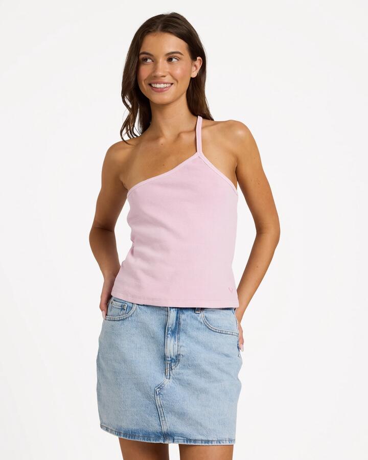 Image of a model wearing Tops. Product name - Roxy Womens The One Tank Top Pink Mist in Pink Mist colour by brand - Roxy