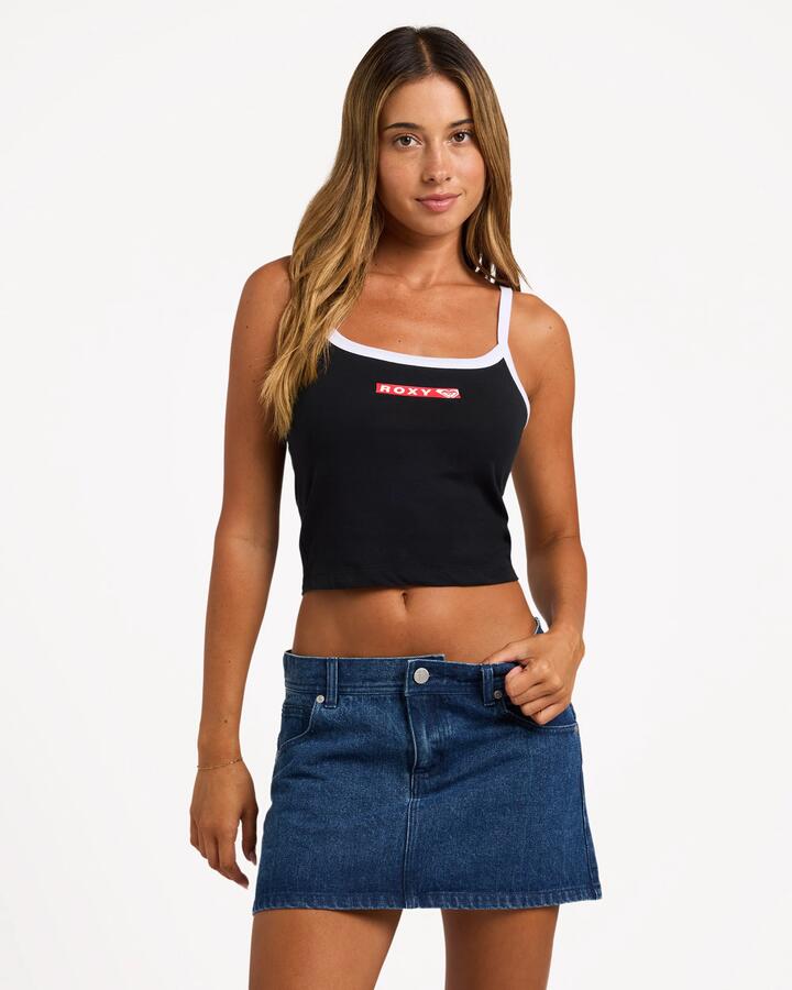 Image of a model wearing Tops. Product name - Roxy Womens Rewind Cami Tank Top Black in Black colour by brand - Roxy