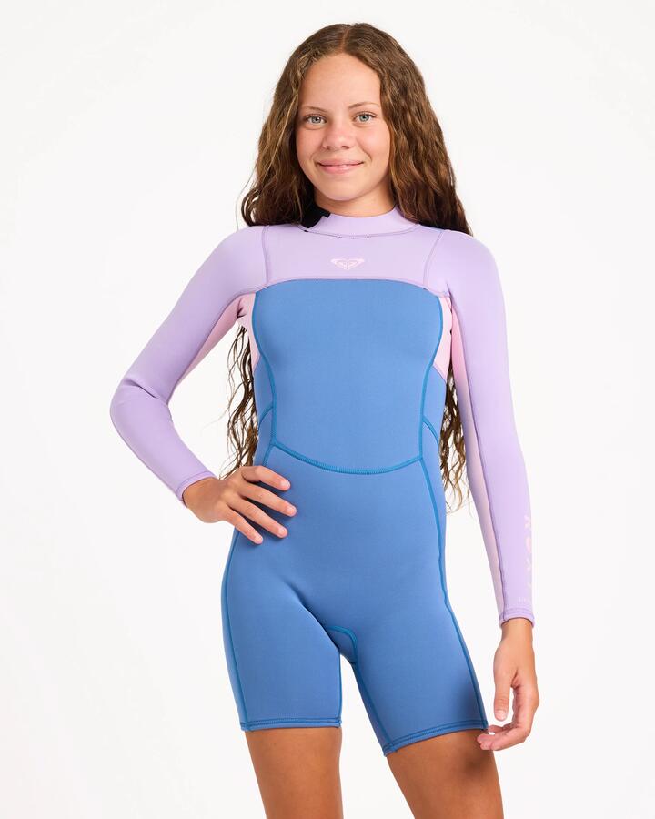 Image of a model wearing Tops. Product name - Roxy Girls 2-16 2/2Mm Prologue+ Long Sleeve Springsuit Viola in Viola colour by brand - Roxy