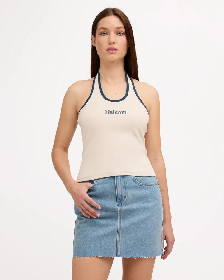 Image of a model wearing Tops. Product name - Volcom Womens We Tanked Top Dirty White in Dirty White colour by brand - Volcom