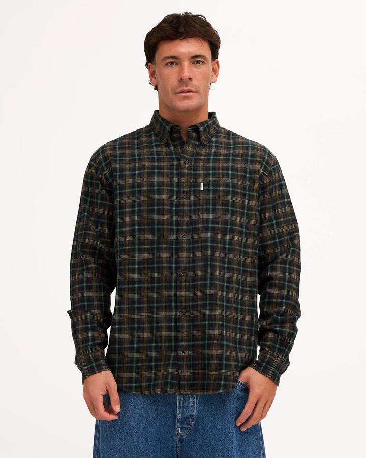 Image of a model wearing Tops. Product name - Element Mens Benson Long Sleeve Shirt Flint Black in Flint Black colour by brand - Element