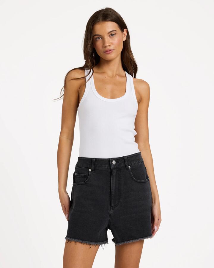 Image of a model wearing Shorts. Product name - Roxy Womens Eva Short Denim Shorts Black in Black colour by brand - Roxy