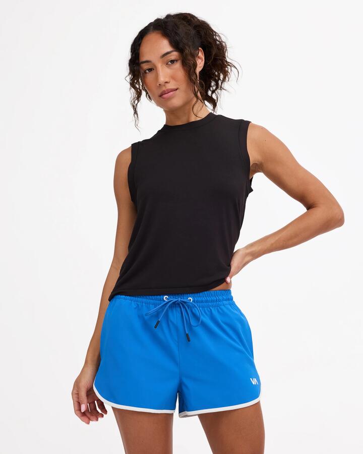 Image of a model wearing Shorts. Product name - Rvca Womens Rvca Soft Shorts Blue Belt in Blue Belt colour by brand - Rvca